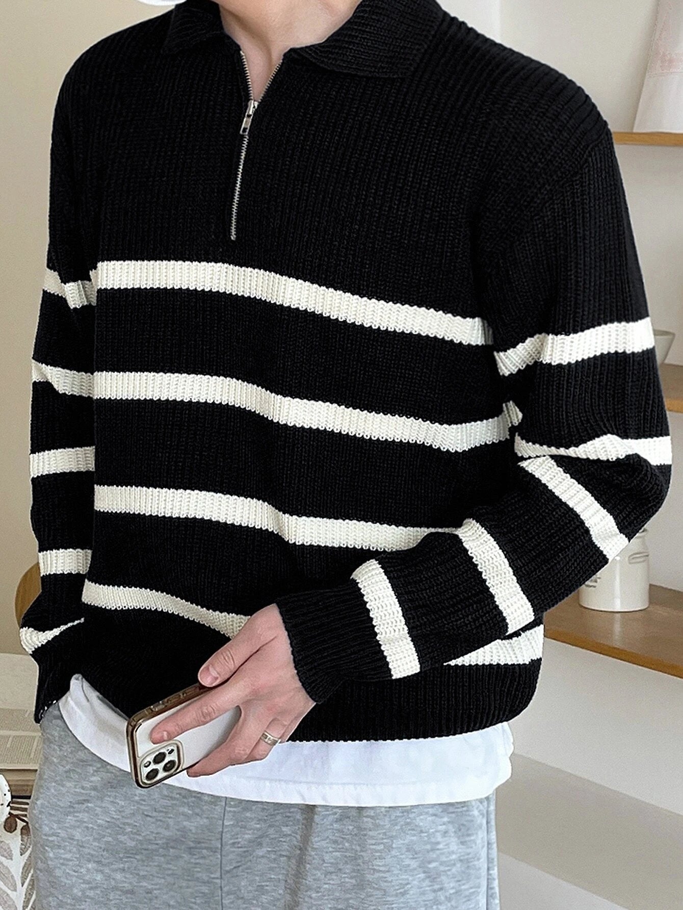 DAZY Men Striped Pattern Polo Neck Sweater without Tee Fall,Winter
