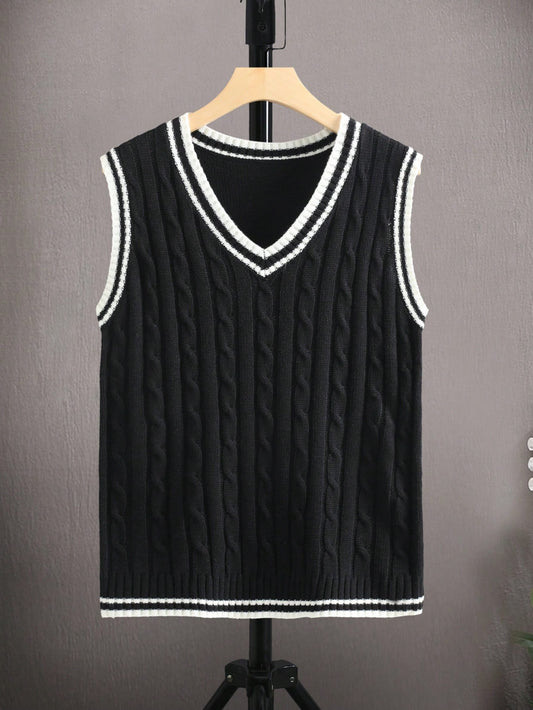 Manfinity Homme Contrast Striped Trim V-Neck Cable Knit Casual Sweater Vest for Men, Fall Winter