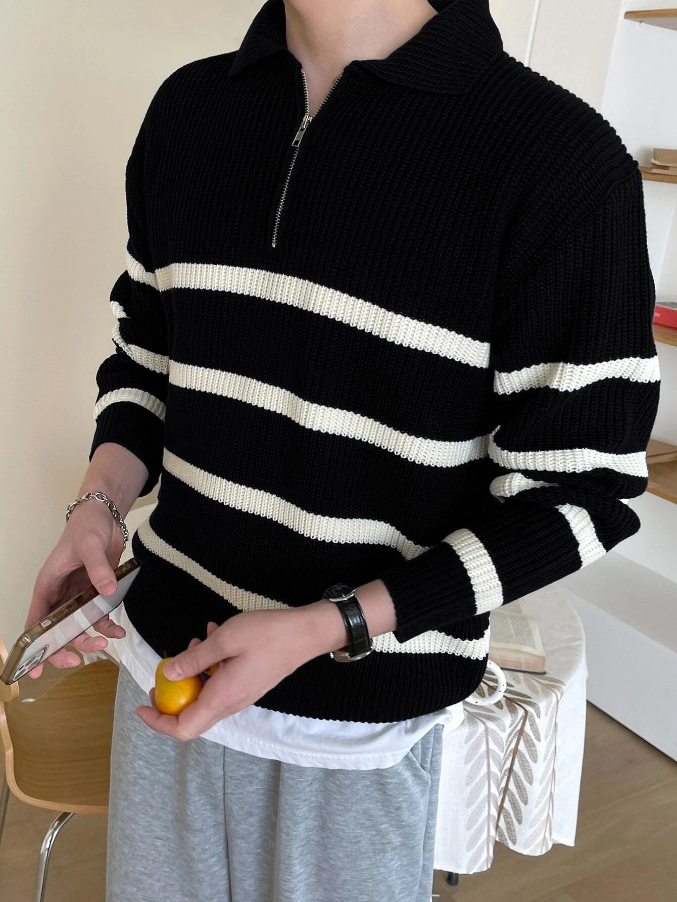 DAZY Men Striped Pattern Polo Neck Sweater without Tee Fall,Winter