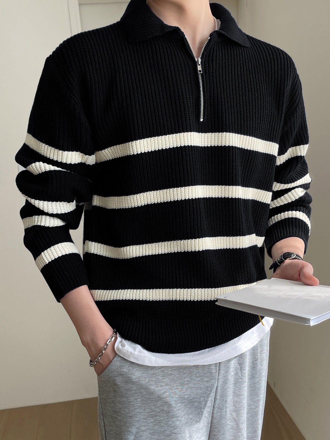 DAZY Men Striped Pattern Polo Neck Sweater without Tee Fall,Winter
