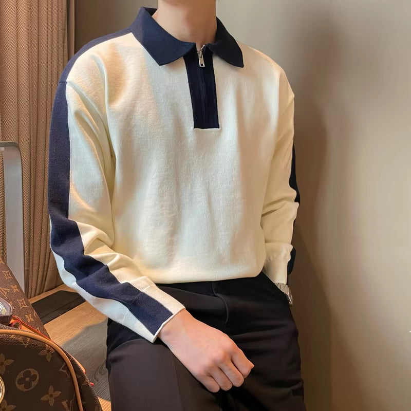Men'S Spring Autumn New Fashion Pullover POLO Neck Zipper Panel Contrast Color Casual Versatile Long Sleeve Slim Fit Shirt Tops