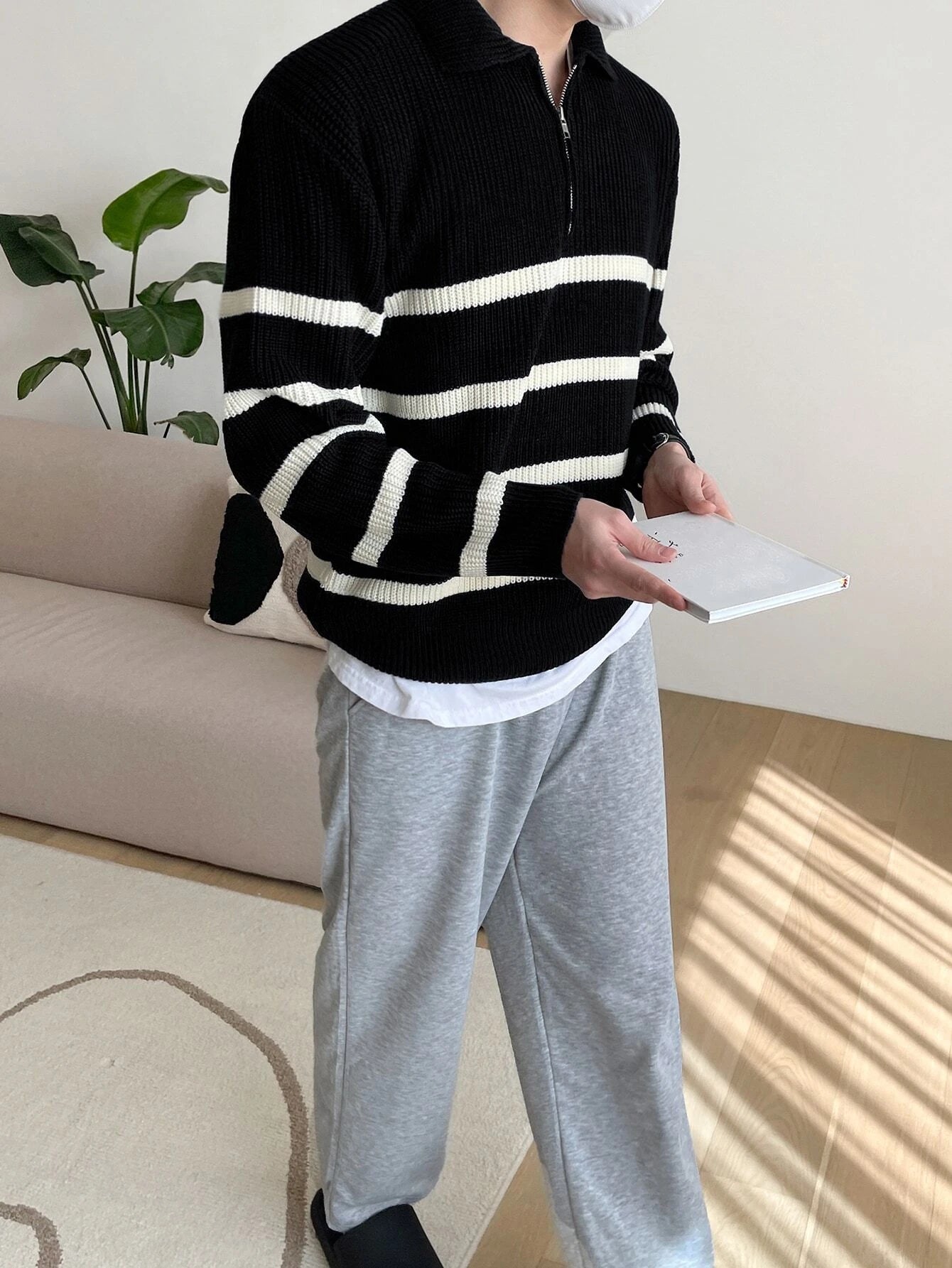 DAZY Men Striped Pattern Polo Neck Sweater without Tee Fall,Winter