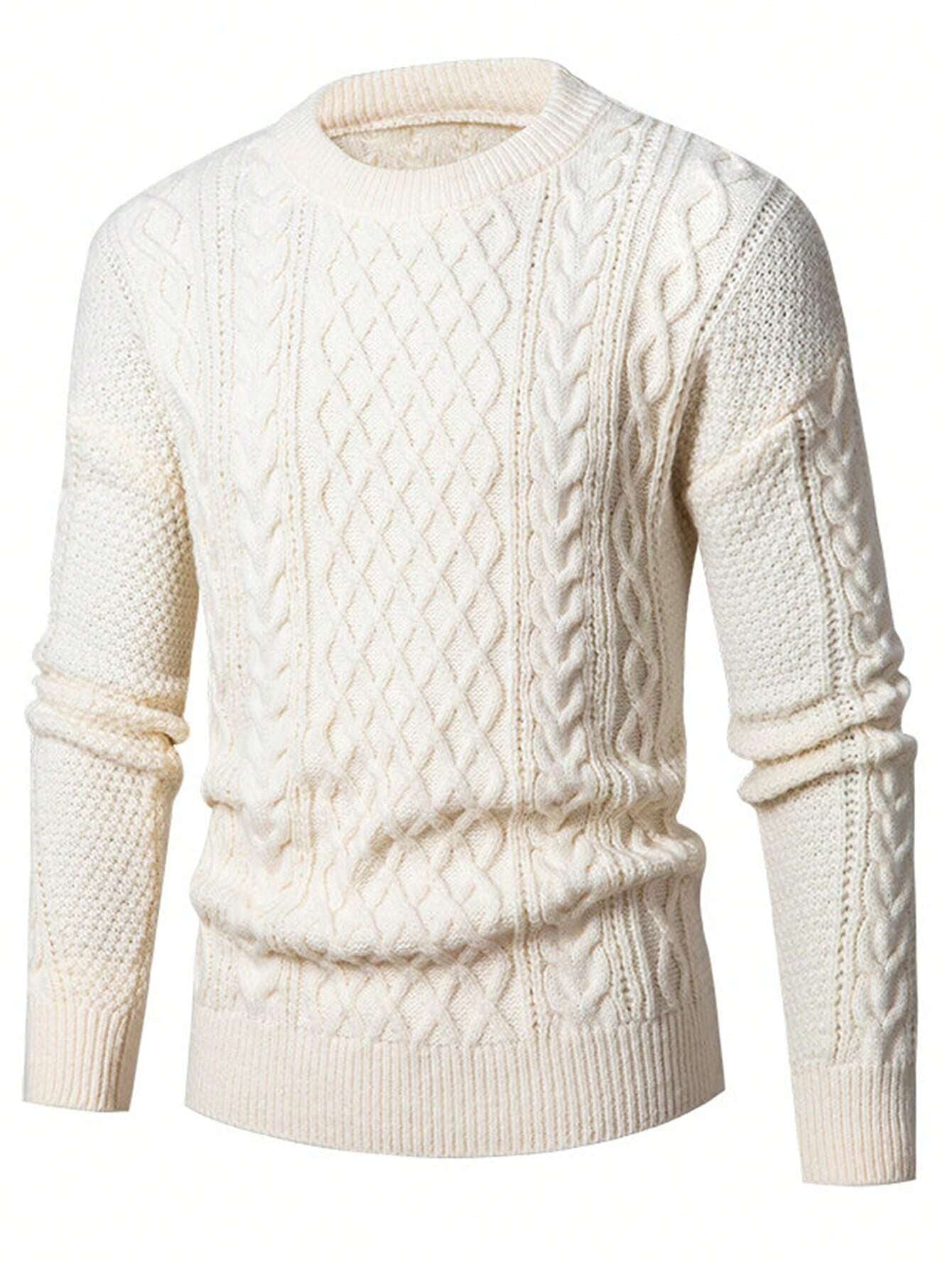 Men'S Loose Fit Crew Neck Cable Pattern Textured Long Sleeve Pullover Knit Sweater, Suitable for Casual or Formal Wear, Fall/Winter