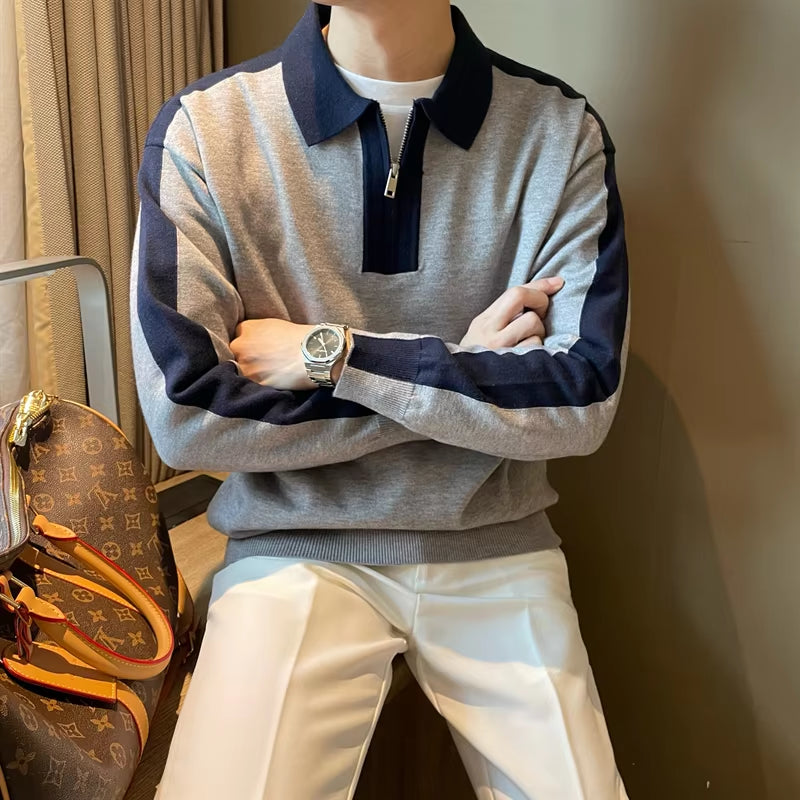 Men'S Spring Autumn New Fashion Pullover POLO Neck Zipper Panel Contrast Color Casual Versatile Long Sleeve Slim Fit Shirt Tops